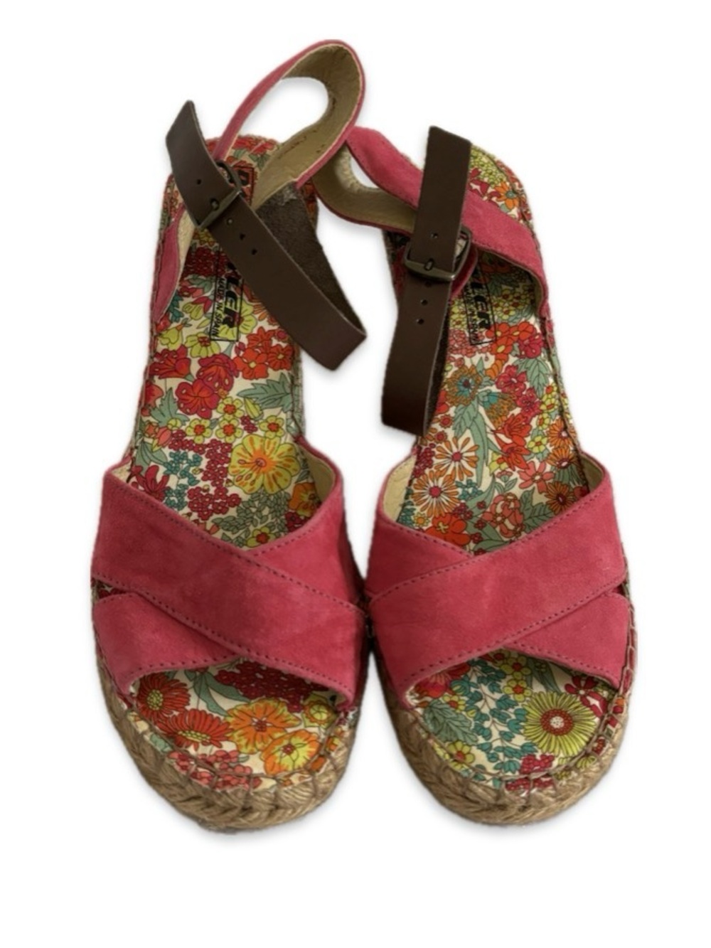 Pink Suede Espadrille Wedge Sandals with Brown Ankle Strap